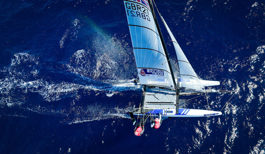 John Gimson and  Anna Burnet sailing a multihull boat