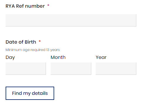 Enter RYA ref number and date of birth.